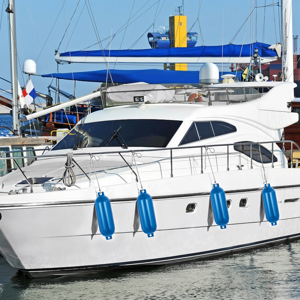 VEVOR Boat Fenders, 8.5" x 27" Ribbed Fender, 4 Pack Boat Bumpers, Twin Eyes Ribbed Inflatable Boat Fender with 4 Ropes and Inflatable Pump, for Pontoon Boat Sailboat, Ski Boat, Blue