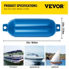 VEVOR Garde-boue de bateau 8,5 x 27 pouces Bleu Protection de bateau Lot de 4 pare-chocs de garde-boue de bateau à double œil nervuré et pompe pour gonfler