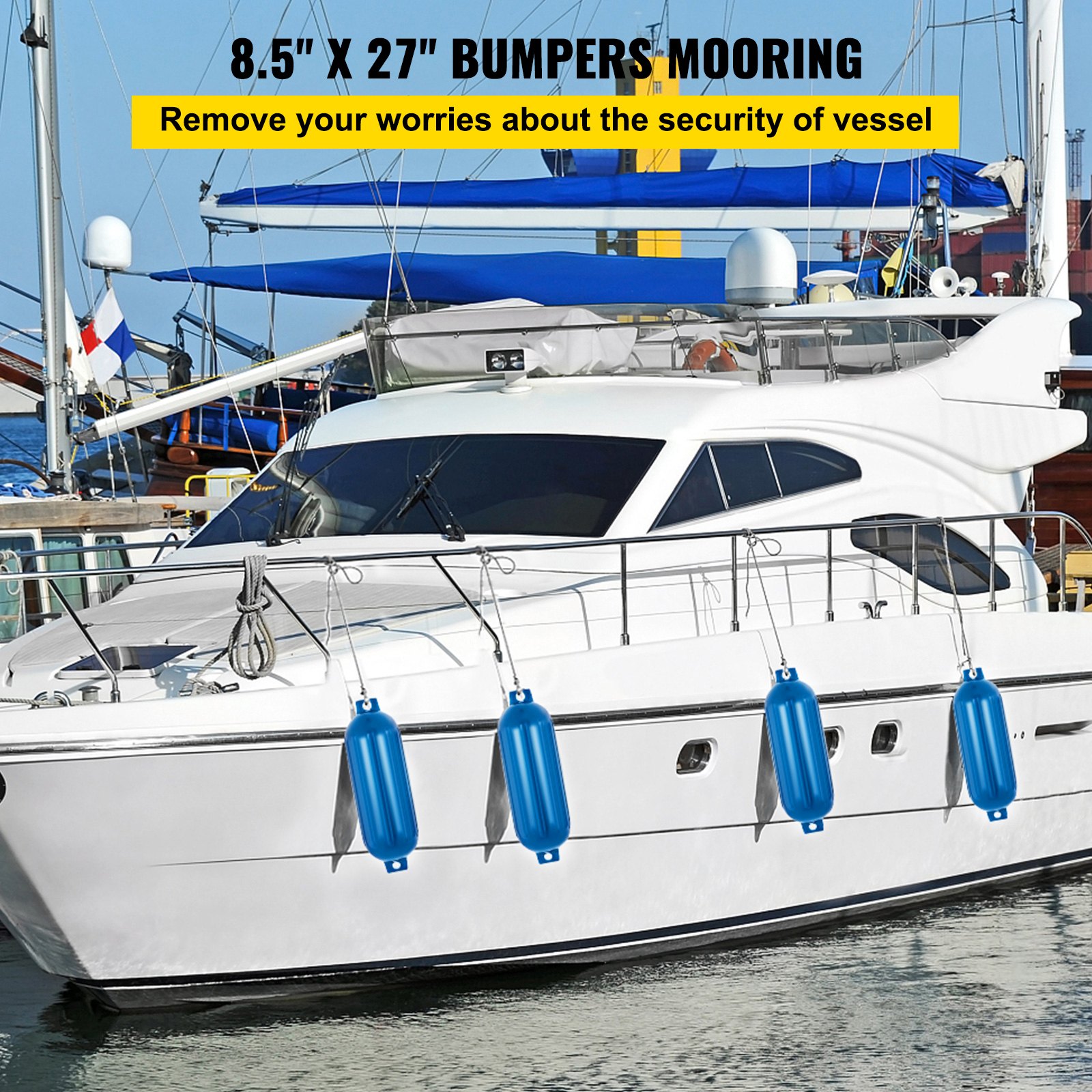 VEVOR Boat Fenders, 8.5" x 27" Ribbed Fender, 4 Pack Boat Bumpers, Twin Eyes Ribbed Inflatable Boat Fender with 4 Ropes and Inflatable Pump, for Pontoon Boat Sailboat, Ski Boat, Blue