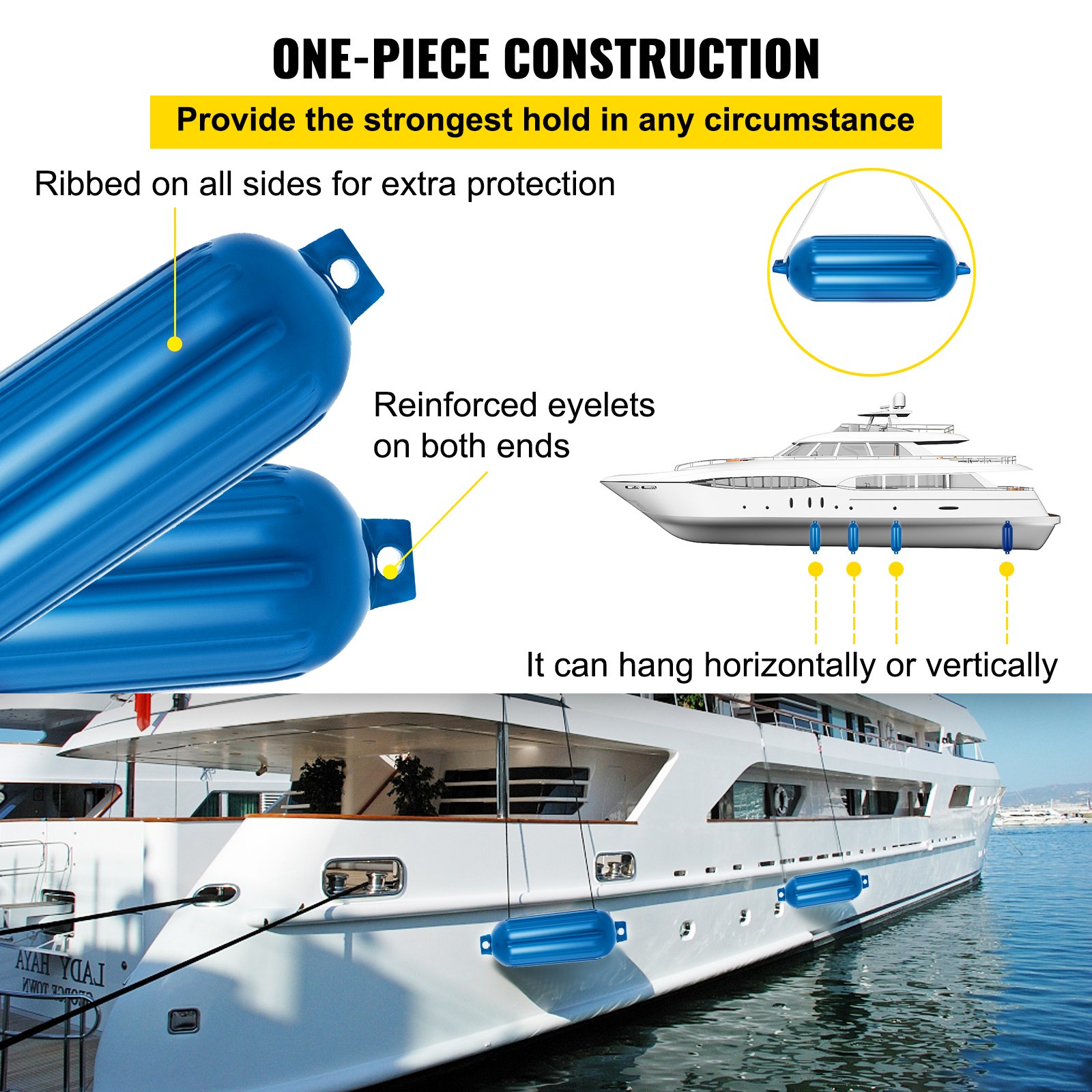 VEVOR Boat Fenders, 8.5" x 27" Ribbed Fender, 4 Pack Boat Bumpers, Twin Eyes Ribbed Inflatable Boat Fender with 4 Ropes and Inflatable Pump, for Pontoon Boat Sailboat, Ski Boat, Blue