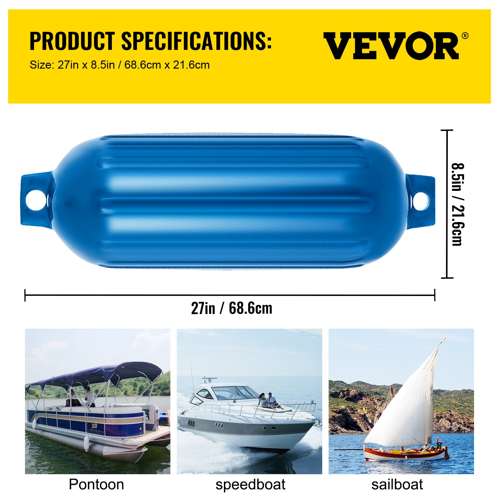 VEVOR Boat Fenders, 8.5" x 27" Ribbed Fender, 4 Pack Boat Bumpers, Twin Eyes Ribbed Inflatable Boat Fender with 4 Ropes and Inflatable Pump, for Pontoon Boat Sailboat, Ski Boat, Blue