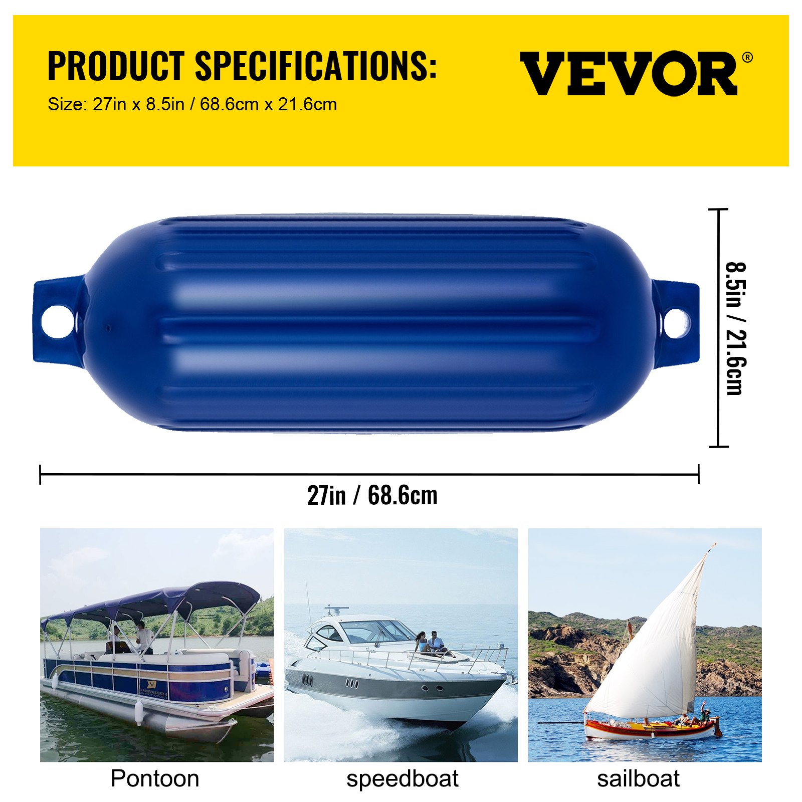 VEVOR Ribbed Twin Eyes Boat Fender Pack of 4 and Pump to Inflate (Blue,8.5 x 27 inches)