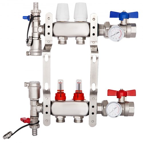 VEVOR PEX Radiant Floor Manifold 2 Loop 1/2Inch PEX Radiant Underfloor Heating Manifold Set Stainless Steel Radiant Heat Manifold Automatic Air Vent
