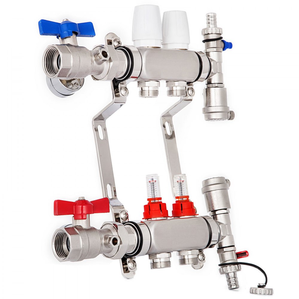 Colector de piso radiante VEVOR de 2 bucles con medidores de flujo Juego de colector de piso radiante de acero inoxidable Colector de calefacción de piso radiante de 2 ramas para colector de tubería PEX, adaptadores no incluidos