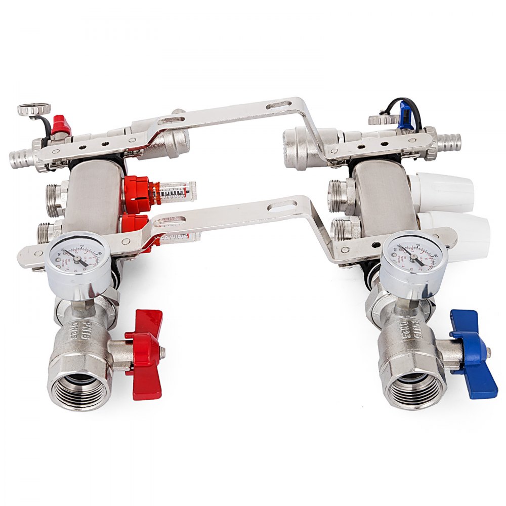 Colector de piso radiante VEVOR de 2 bucles con medidores de flujo Juego de colector de piso radiante de acero inoxidable Colector de calefacción de piso radiante de 2 ramas para colector de tubería PEX, adaptadores no incluidos