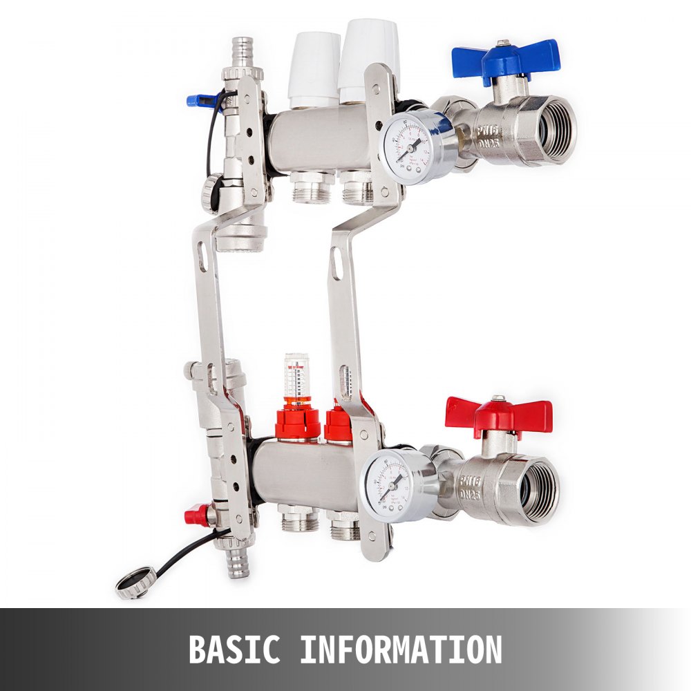 Colector de piso radiante VEVOR de 2 bucles con medidores de flujo Juego de colector de piso radiante de acero inoxidable Colector de calefacción de piso radiante de 2 ramas para colector de tubería PEX, adaptadores no incluidos
