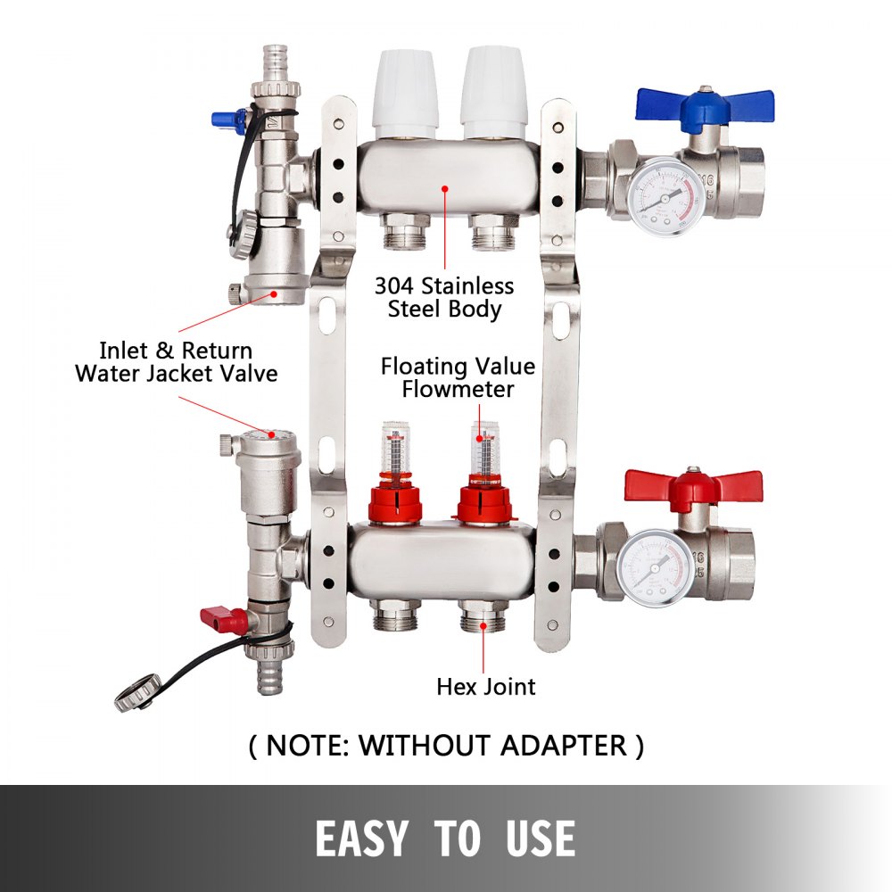 Colector de piso radiante VEVOR de 2 bucles con medidores de flujo Juego de colector de piso radiante de acero inoxidable Colector de calefacción de piso radiante de 2 ramas para colector de tubería PEX, adaptadores no incluidos