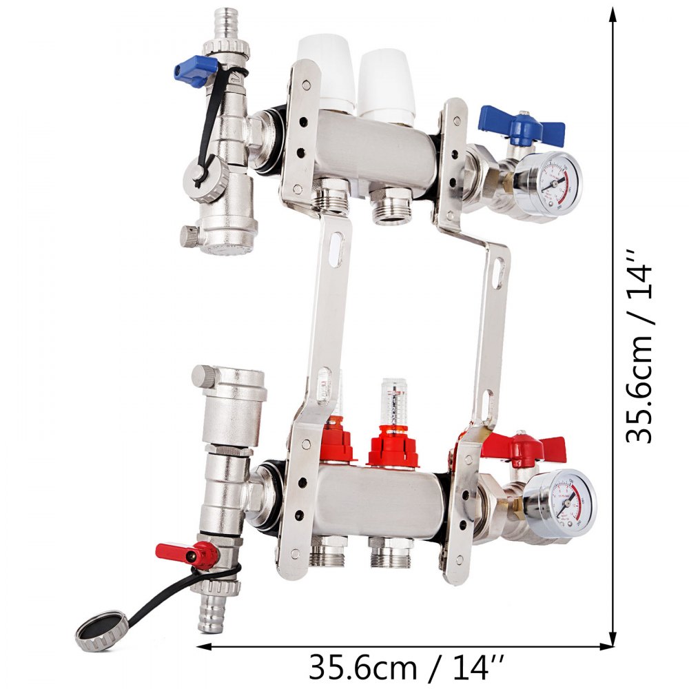 Colector de piso radiante VEVOR de 2 bucles con medidores de flujo Juego de colector de piso radiante de acero inoxidable Colector de calefacción de piso radiante de 2 ramas para colector de tubería PEX, adaptadores no incluidos