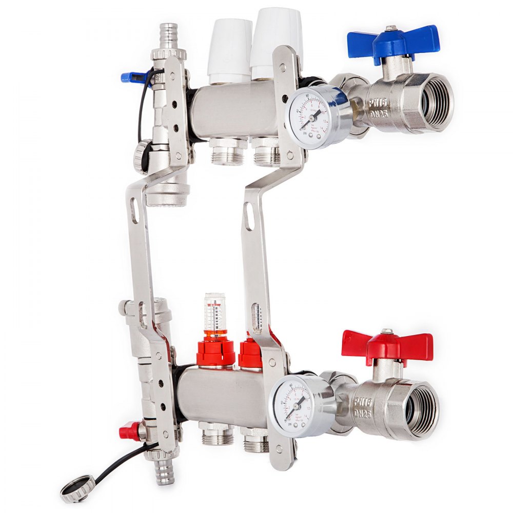 Colector de piso radiante VEVOR de 2 bucles con medidores de flujo Juego de colector de piso radiante de acero inoxidable Colector de calefacción de piso radiante de 2 ramas para colector de tubería PEX, adaptadores no incluidos