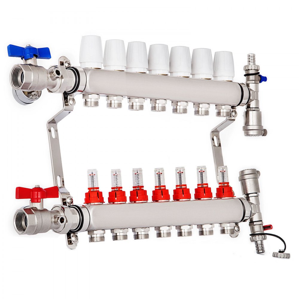 VEVOR PEX Radiant Floor Manifold 7 Loop 1/2Inch Radiant Underfloor Heating Manifold Set PEX Stainless Steel Radiant Heat Manifold Automatic Air Vent(7 Loop)