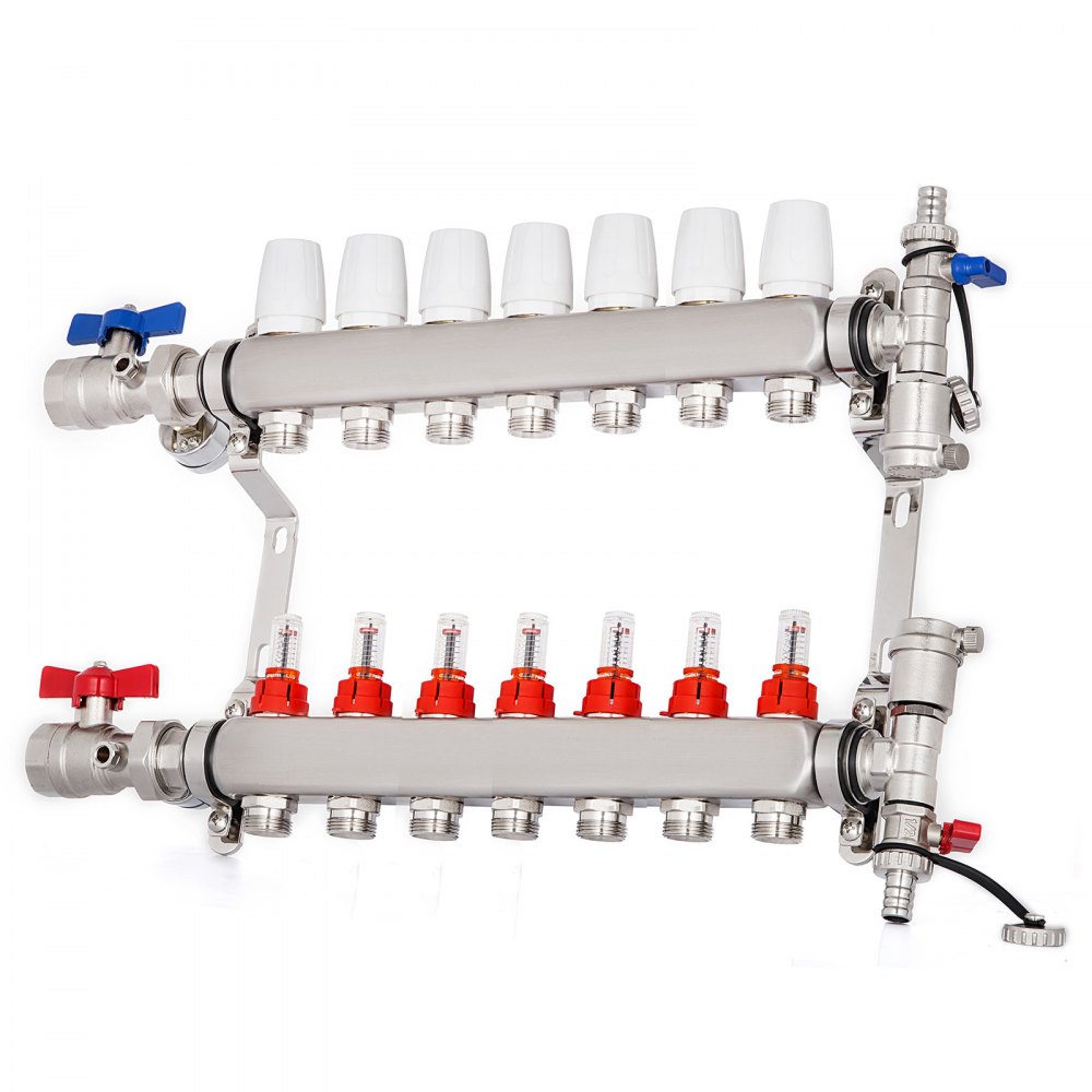 VEVOR PEX Radiant Floor Manifold 7 Loop 1/2Inch Radiant Underfloor Heating Manifold Set PEX Stainless Steel Radiant Heat Manifold Automatic Air Vent(7 Loop)