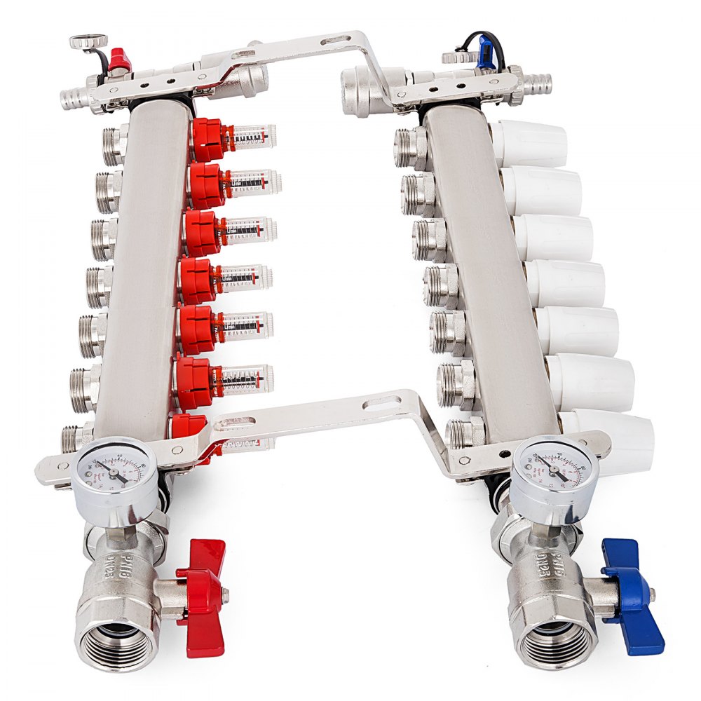 VEVOR PEX Radiant Floor Manifold 7 Loop 1/2Inch Radiant Underfloor Heating Manifold Set PEX Stainless Steel Radiant Heat Manifold Automatic Air Vent(7 Loop)
