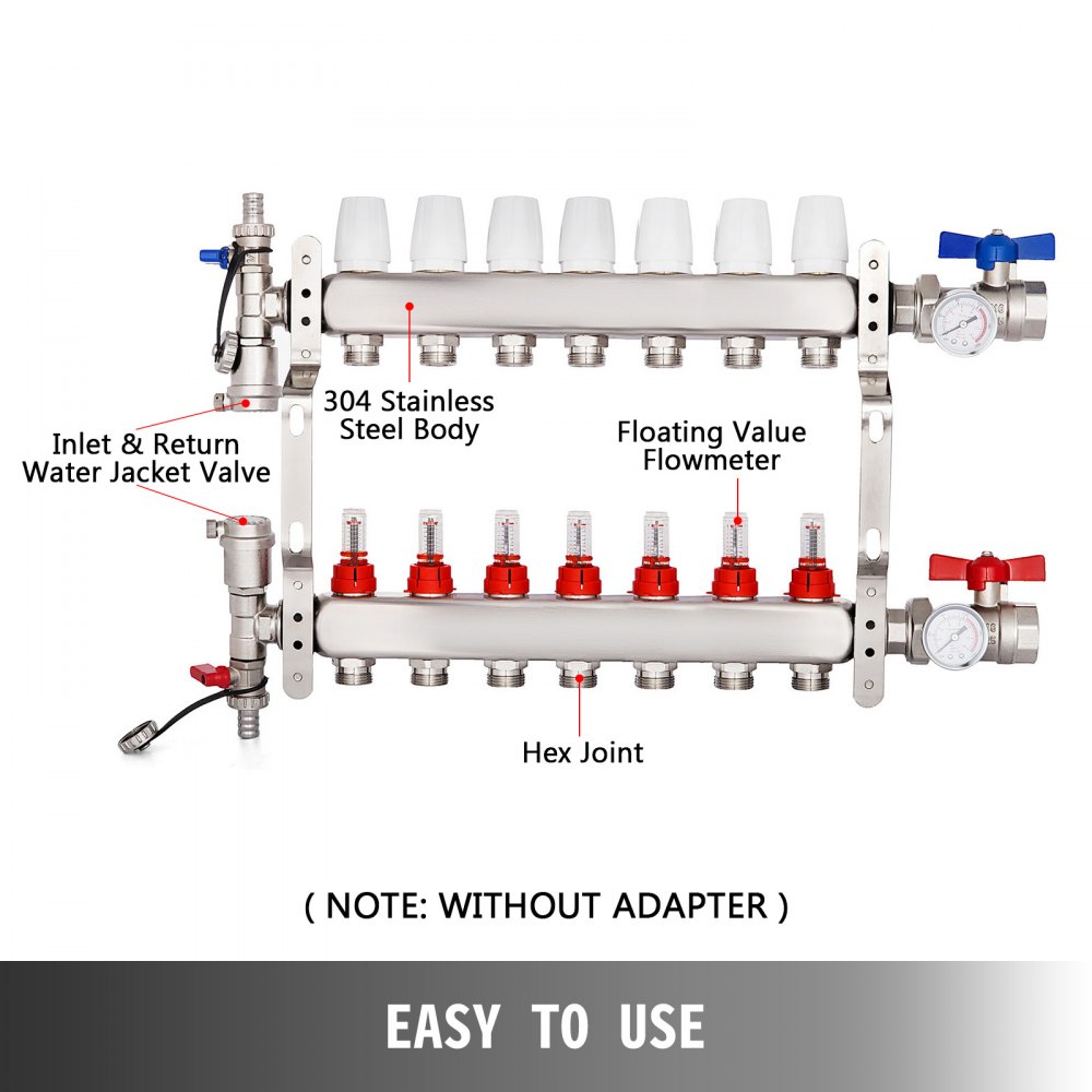 VEVOR PEX Radiant Floor Manifold 7 Loop 1/2Inch Radiant Underfloor Heating Manifold Set PEX Stainless Steel Radiant Heat Manifold Automatic Air Vent(7 Loop)