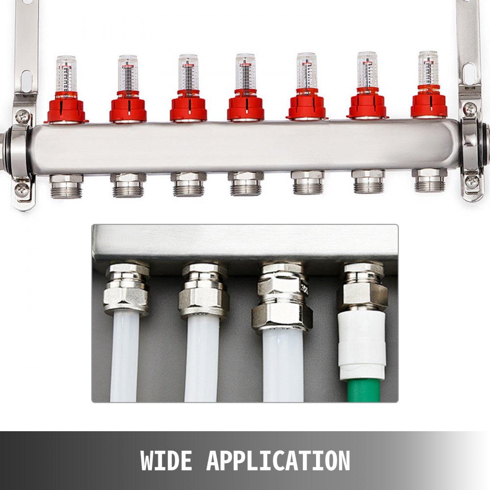 VEVOR PEX Radiant Floor Manifold 7 Loop 1/2Inch Radiant Underfloor Heating Manifold Set PEX Stainless Steel Radiant Heat Manifold Automatic Air Vent(7 Loop)