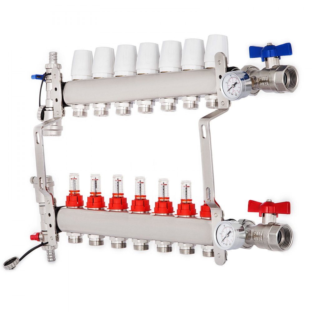 VEVOR PEX Radiant Floor Manifold 7 Loop 1/2Inch Radiant Underfloor Heating Manifold Set PEX Stainless Steel Radiant Heat Manifold Automatic Air Vent(7 Loop)