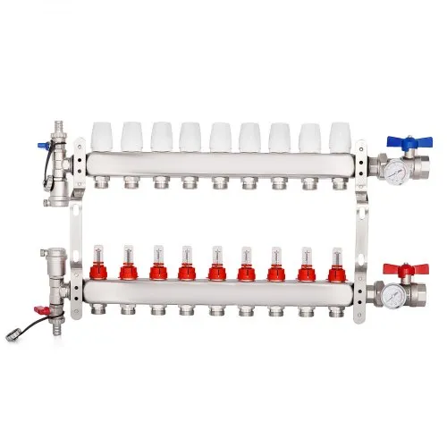 VEVOR Radiant Floor Manifold 9-Loop with Flow Meters Stainless Steel Radiant Floor Manifold Set 9-Branch Radiant Floor Heating Manifold for 1/2 Inch PEX Tubing Manifold, Adapters Not Included