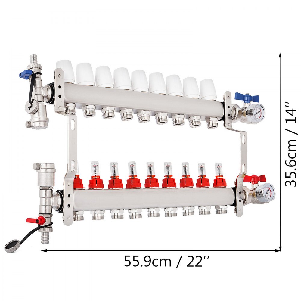 9-branch Pex Radiant Floor Heating Manifold Set Upside Down Horizontal