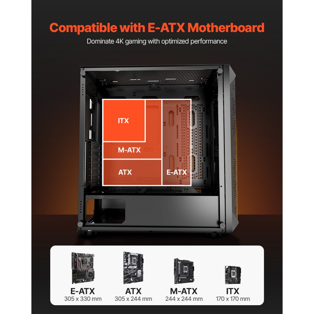 VEVOR PC Gaming Case, Full-Tower, Computer Case with High-Airflow Panel, Magnetic Dust Filter, 3 x 140mm PWM Fans, Cable Management, for GPU up to 410mm in Length, Compatible with E-ATX/ATX/M-ATX/ITX