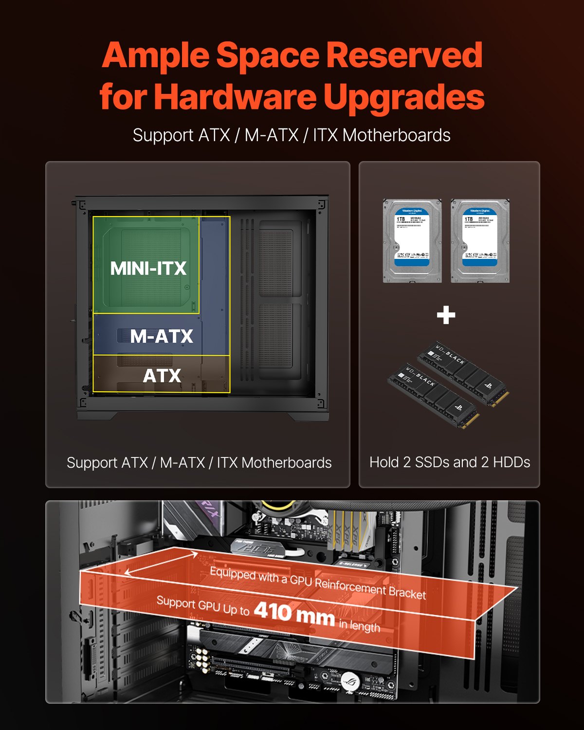 VEVOR Mid-Tower PC Case, Dual Chamber, Gaming Computer Case with Tempered Glass Panels, Magnetic Dust Filter, Cable Management, for GPU up to 410 mm in Length, Compatible with ATX/M-ATX/ITX, No Fan