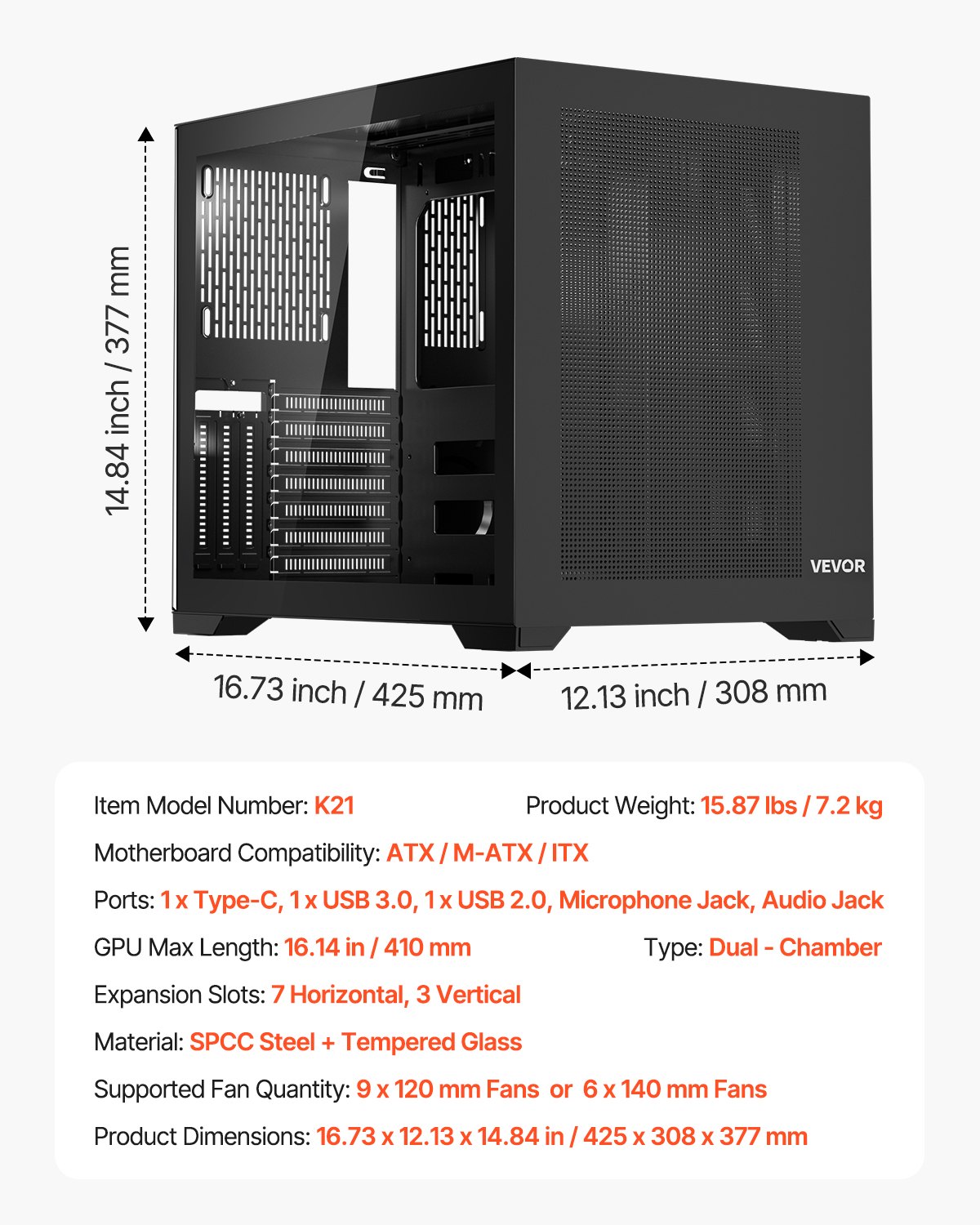 VEVOR Mid-Tower PC Case, Dual Chamber, Gaming Computer Case with Tempered Glass Panels, Magnetic Dust Filter, Cable Management, for GPU up to 410 mm in Length, Compatible with ATX/M-ATX/ITX, No Fan