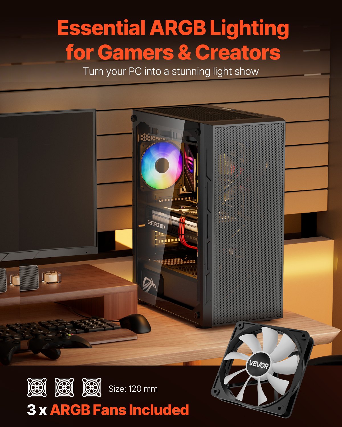 VEVOR PC Gaming Case, Mid-Tower, Computer Case with High-Airflow Tempered Glass Panel, Dust Filter, 3 x 120 mm ARGB Fans, Easy Cable Management, for GPU up to 320 mm in Length, for ATX / M-ATX / ITX