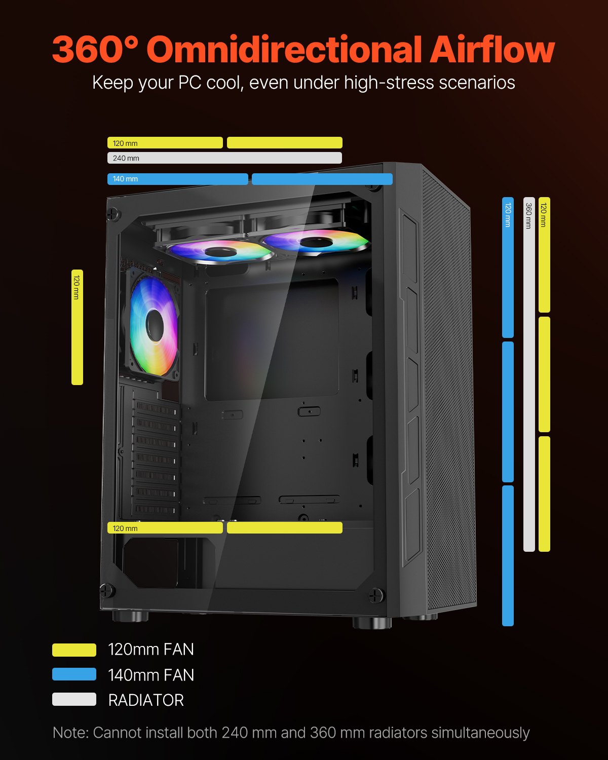 VEVOR PC Gaming Case, Mid-Tower, Computer Case with High-Airflow Tempered Glass Panel, Dust Filter, 3 x 120 mm ARGB Fans, Easy Cable Management, for GPU up to 320 mm in Length, for ATX / M-ATX / ITX