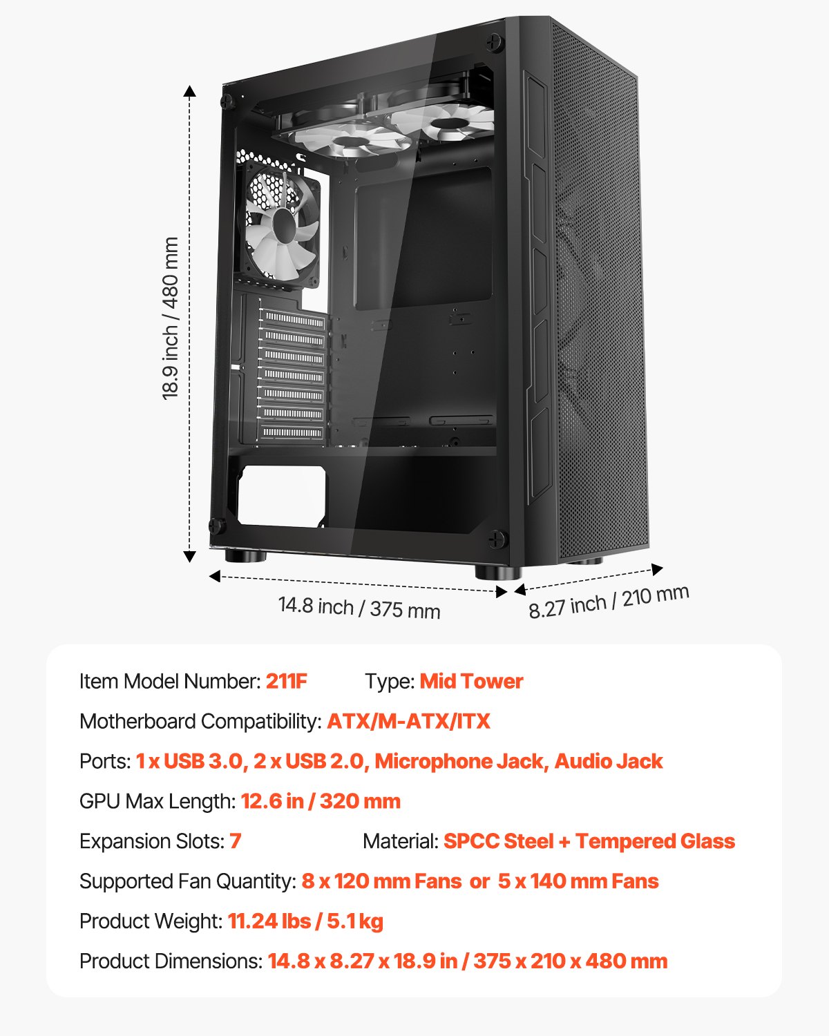 VEVOR PC Gaming Case, Mid-Tower, Computer Case with High-Airflow Tempered Glass Panel, Dust Filter, 3 x 120 mm ARGB Fans, Easy Cable Management, for GPU up to 320 mm in Length, for ATX / M-ATX / ITX