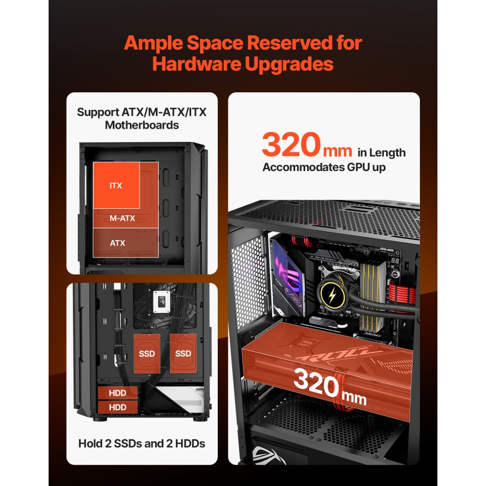 VEVOR PC Gaming Case, Mid-Tower, Computer Case with High-Airflow Tempered Glass Panel, Dust Filter, 4 x 120 mm ARGB Fans, Easy Cable Management, for GPU up to 320 mm in Length, for ATX / M-ATX / ITX