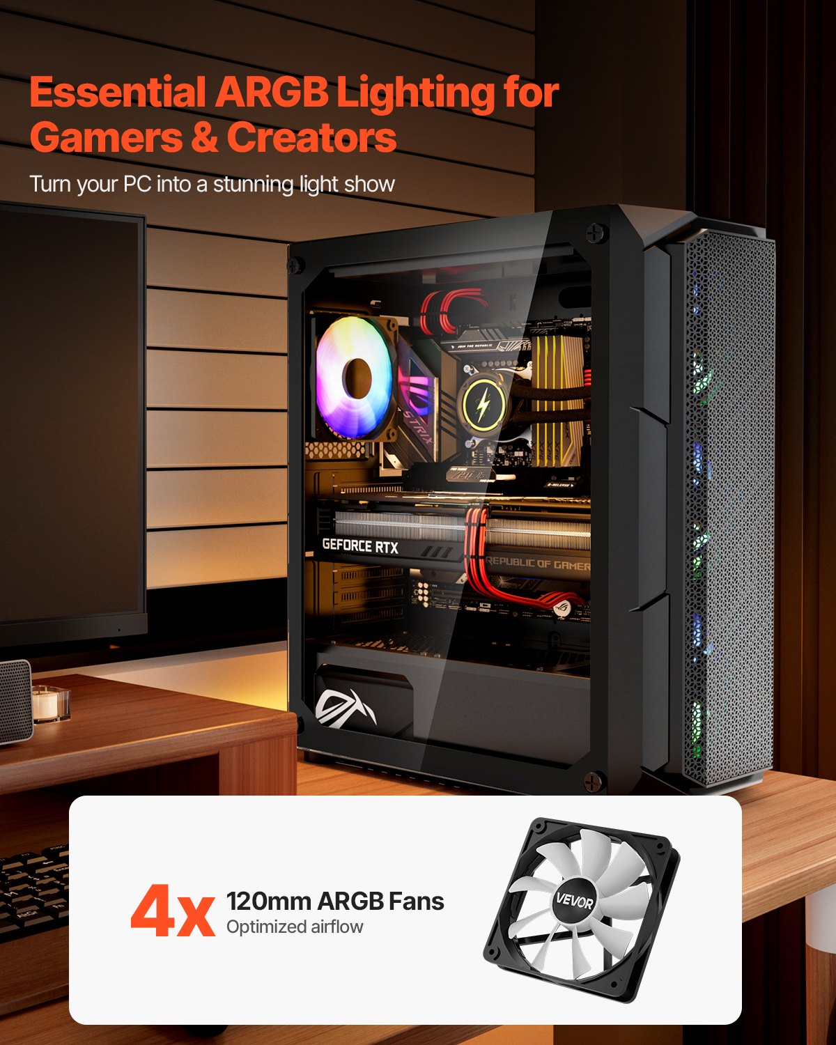 VEVOR PC Gaming Case, Mid-Tower, Computer Case with High-Airflow Tempered Glass Panel, Dust Filter, 4 x 120 mm ARGB Fans, Easy Cable Management, for GPU up to 320 mm in Length, for ATX / M-ATX / ITX