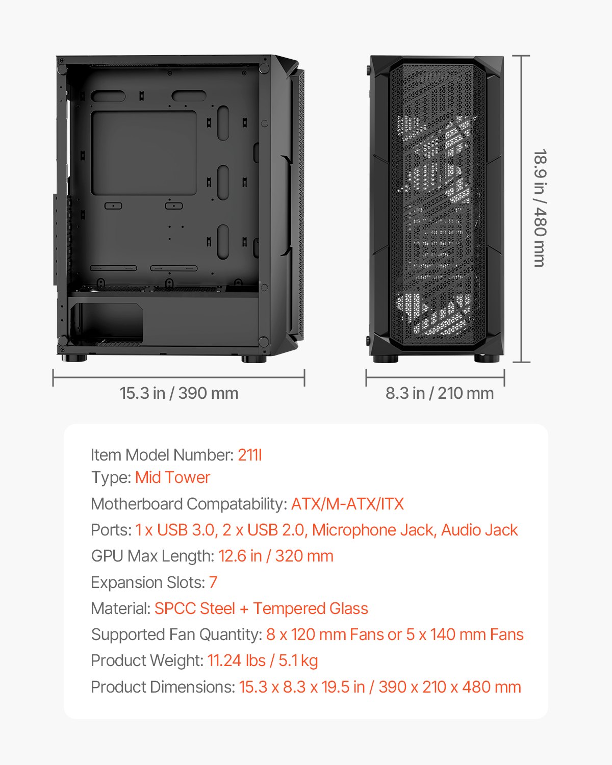 VEVOR PC Gaming Case, Mid-Tower, Computer Case with High-Airflow Tempered Glass Panel, Dust Filter, 4 x 120 mm ARGB Fans, Easy Cable Management, for GPU up to 320 mm in Length, for ATX / M-ATX / ITX