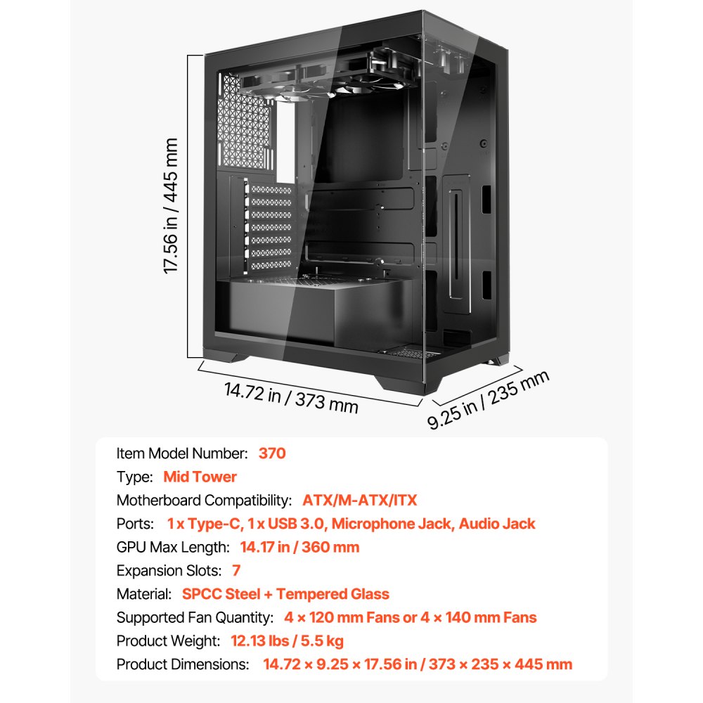 VEVOR PC Gaming Case, Mid-Tower, Computer Case with High-Airflow Tempered Glass Panel, Dust Filter, 2 x 120 mm Fans, Cable Management, for GPU up to 360 mm in Length, Compatible with ATX/M-ATX/ITX