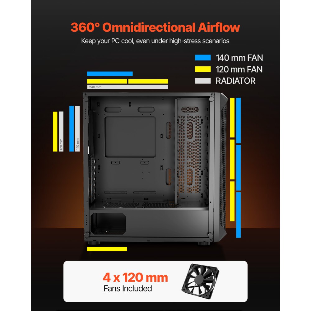 VEVOR PC Gaming Case, Mid-Tower, Computer Case with High-Airflow Tempered Glass Panel, Dust Filter, 4 x 120 mm Fans, Cable Management, for GPU up to 270 mm in Length, Compatible with ATX/M-ATX/ITX