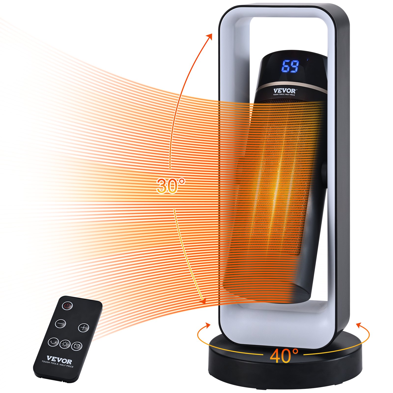VEVOR Electric Space Heater with Thermostat Remote Control, 1000W/1500W 2-Level Adjustable Quiet Ceramic Heater Fan, 20 in Tip-Over Shutdown Overheat Protection Small Heaters for Office Room Desk Indo