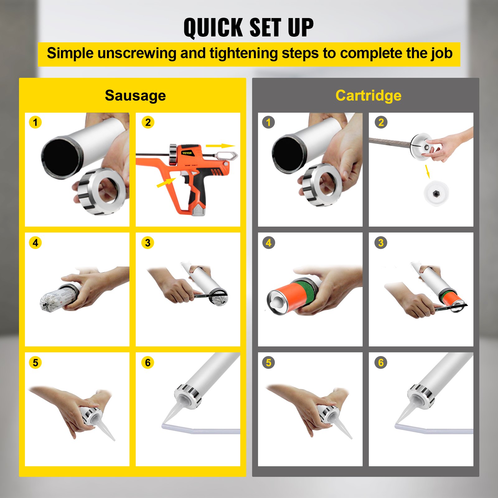 VEVOR Sausage Caulking Gun 283.5/567 g Electric Caulking Gun Aluminum 300ml Cartridge/600ml Sausage Cartridge Gun Packs 54.9x25.9 cm Dual-Use Hand Tool 6500?N Caulking Gun Kit with 5 Cones Nozzles