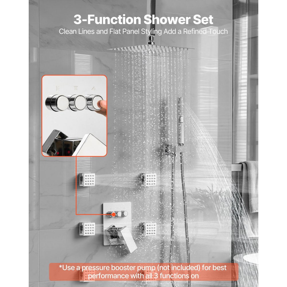 VEVOR Shower Faucet Set, 10 Inch Ceiling Mount Rainfall Shower System with 6 Body Jets and 2 in 1 Handheld Spray, Rotatable 3-Function Rain Head System Set, Complete Brass Valve and Trim Kit, Chrome
