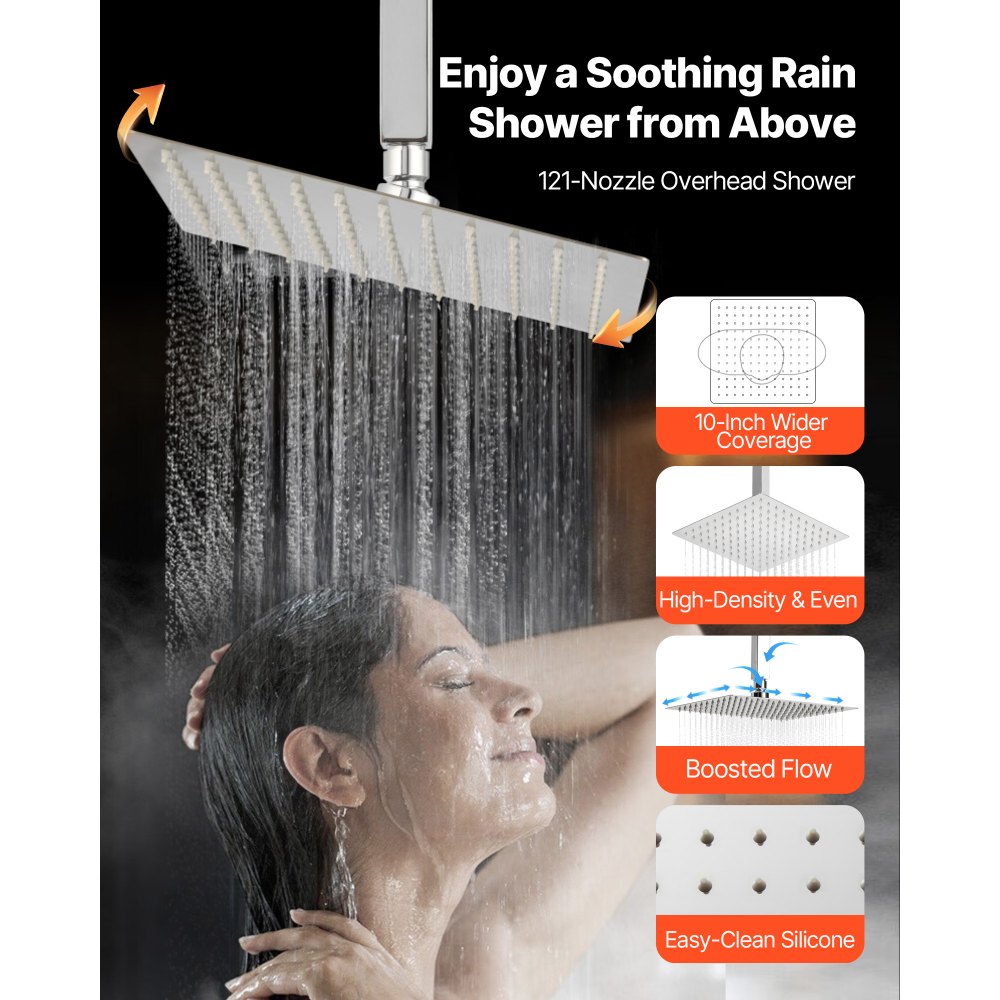 VEVOR Shower Faucet Set, 10 Inch Ceiling Mount Rainfall Shower System with 6 Body Jets and 2 in 1 Handheld Spray, Rotatable 3-Function Rain Head System Set, Complete Brass Valve and Trim Kit, Chrome