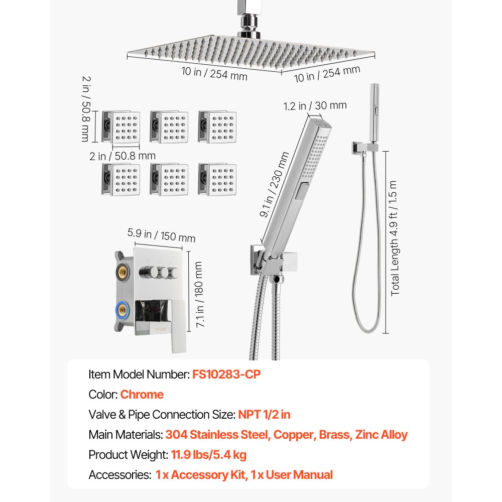 VEVOR Shower Faucet Set, 10 Inch Ceiling Mount Rainfall Shower System with 6 Body Jets and 2 in 1 Handheld Spray, Rotatable 3-Function Rain Head System Set, Complete Brass Valve and Trim Kit, Chrome