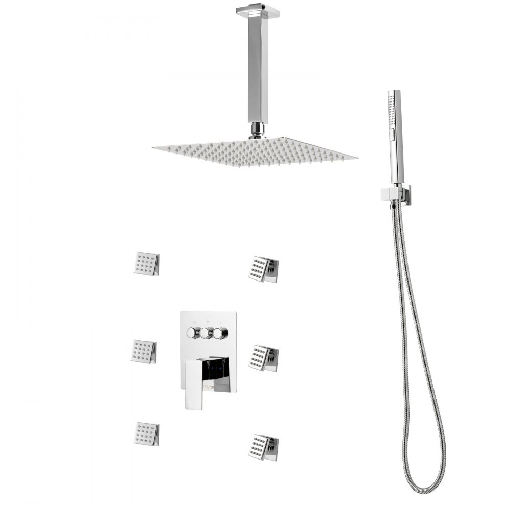 VEVOR Shower Faucet Set, 10 Inch Ceiling Mount Rainfall Shower System with 6 Body Jets and 2 in 1 Handheld Spray, Rotatable 3-Function Rain Head System Set, Complete Brass Valve and Trim Kit, Chrome