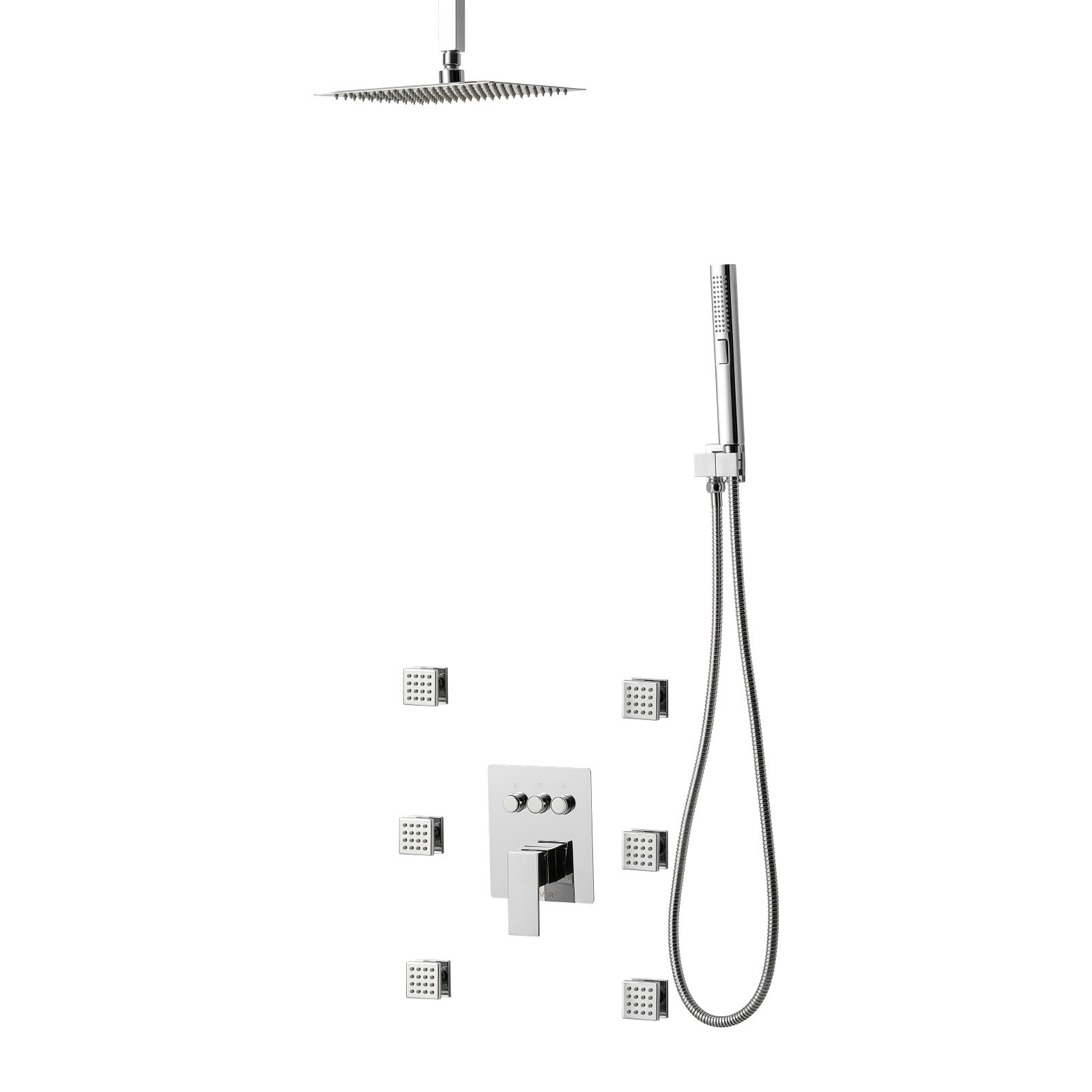 VEVOR Shower Faucet Set, 10 Inch Ceiling Mount Rainfall Shower System with 6 Body Jets and 2 in 1 Handheld Spray, Rotatable 3-Function Rain Head System Set, Complete Brass Valve and Trim Kit, Chrome