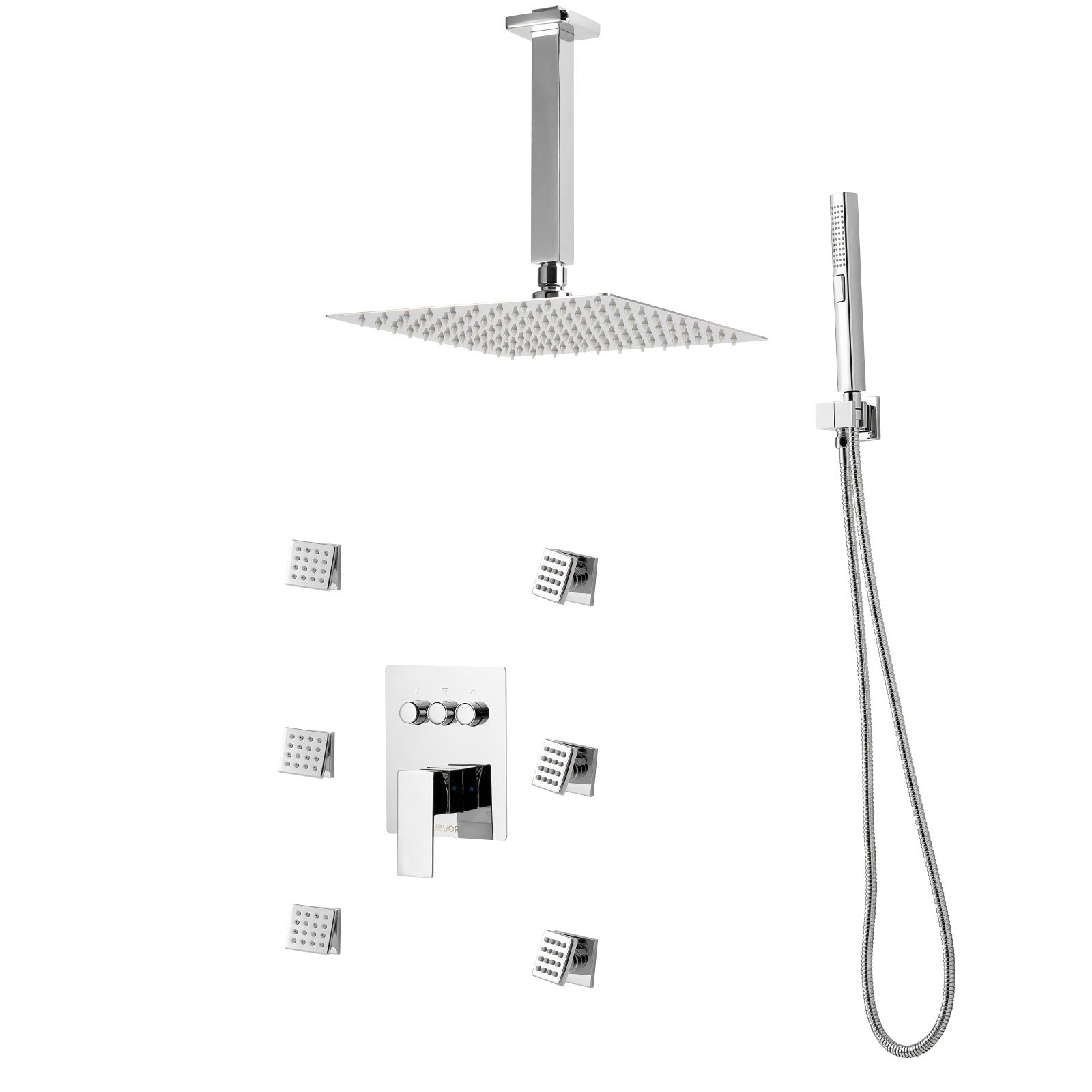 VEVOR Shower Faucet Set, 10 Inch Ceiling Mount Rainfall Shower System with 6 Body Jets and 2 in 1 Handheld Spray, Rotatable 3-Function Rain Head System Set, Complete Brass Valve and Trim Kit, Chrome