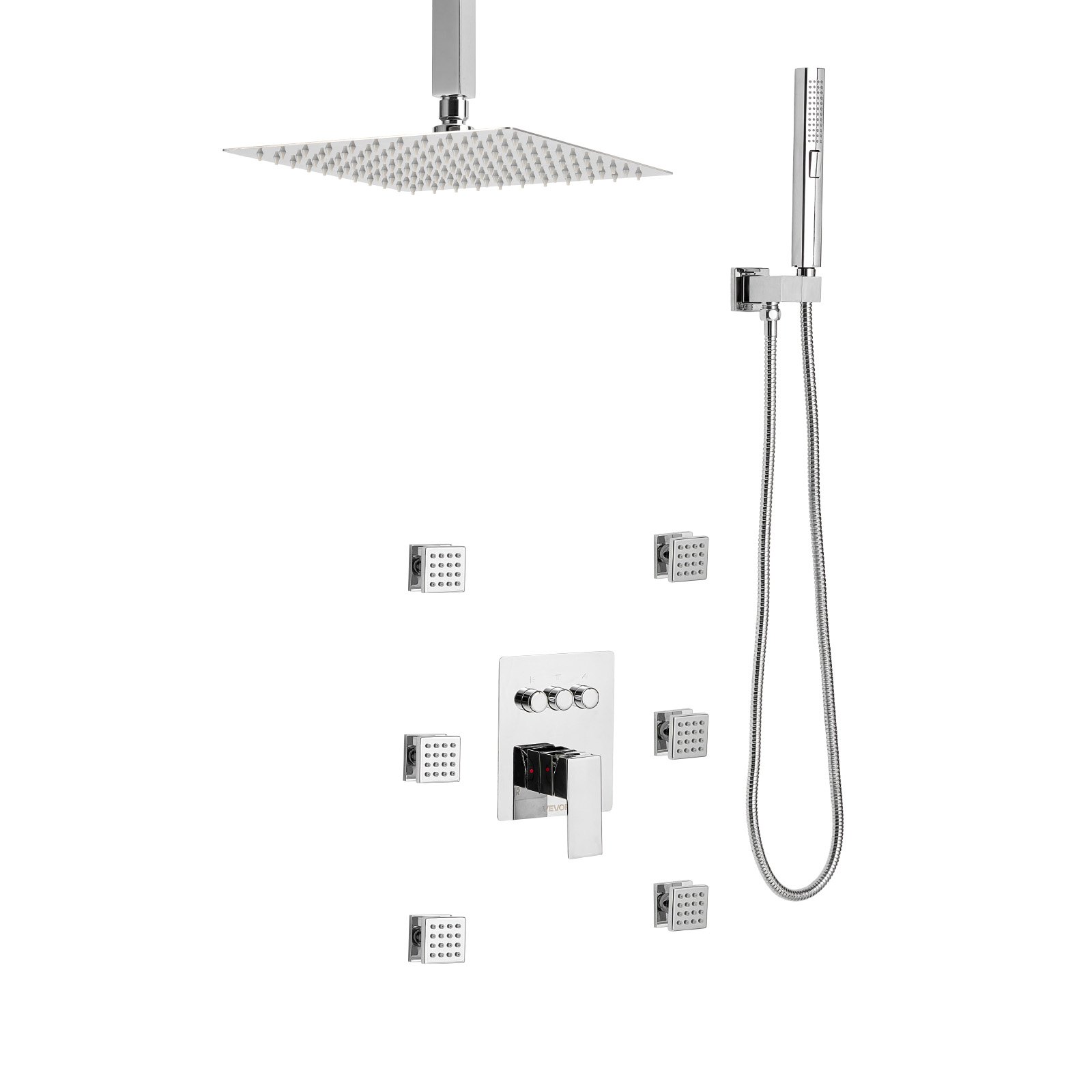 VEVOR Shower Faucet Set, 10 Inch Ceiling Mount Rainfall Shower System with 6 Body Jets and 2 in 1 Handheld Spray, Rotatable 3-Function Rain Head System Set, Complete Brass Valve and Trim Kit, Chrome