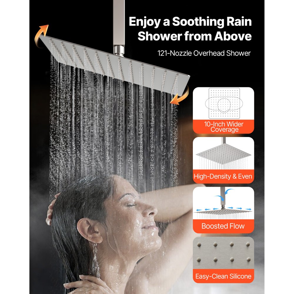 VEVOR Shower Faucet Set, 10 Inch Ceiling Mount Rainfall Shower System with 6 Inch Wall Mount Head and 2 in 1 Handheld Spray, Rotatable 3-Function Dual Rain Head Brass Valve & Trim Kit, Brushed Nickel