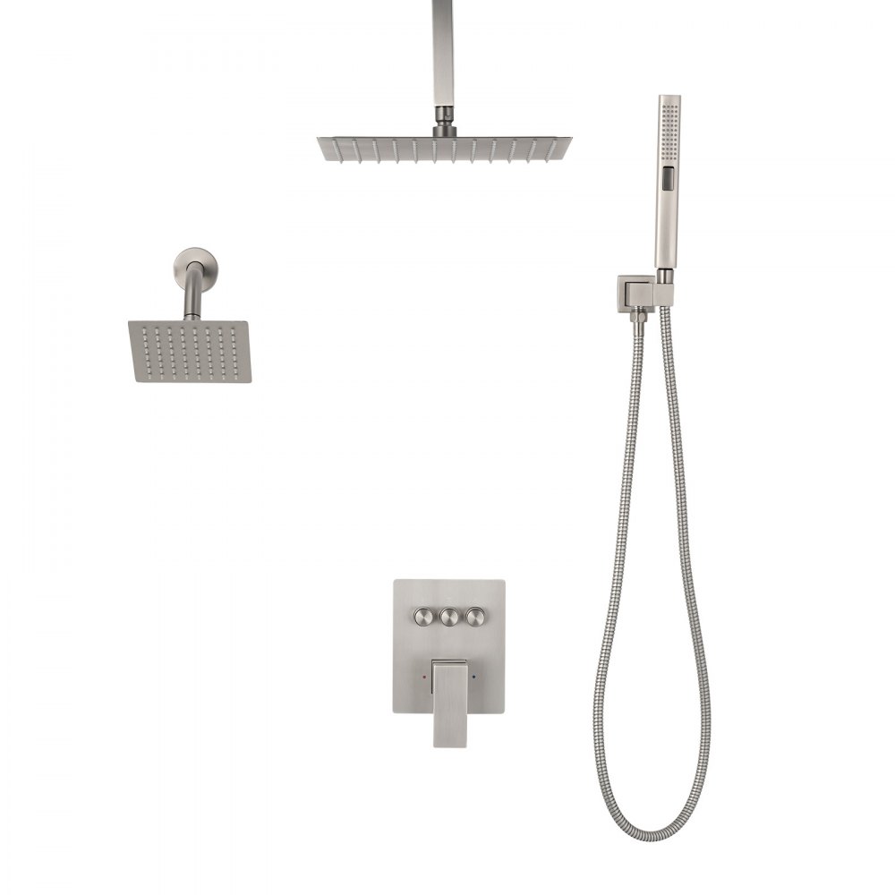 VEVOR Shower Faucet Set, 10 Inch Ceiling Mount Rainfall Shower System with 6 Inch Wall Mount Head and 2 in 1 Handheld Spray, Rotatable 3-Function Dual Rain Head Brass Valve & Trim Kit, Brushed Nickel