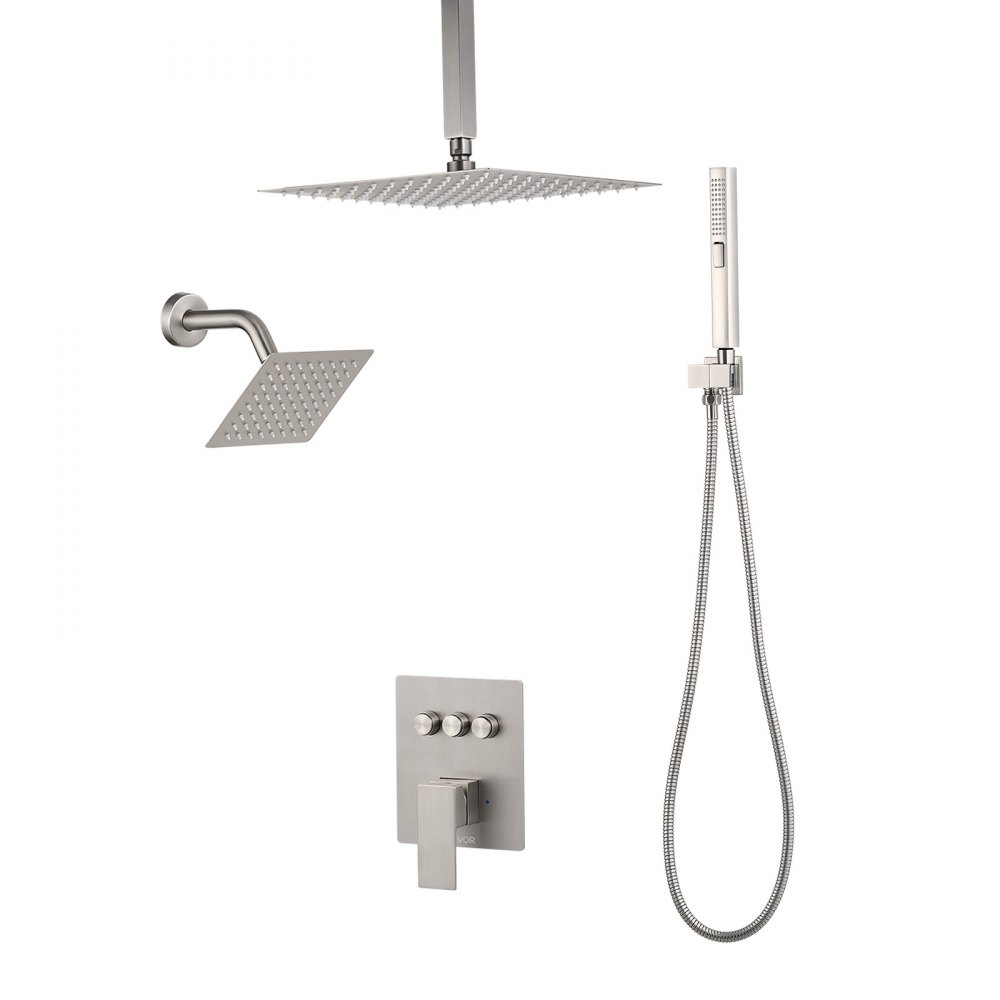VEVOR Shower Faucet Set, 10 Inch Ceiling Mount Rainfall Shower System with 6 Inch Wall Mount Head and 2 in 1 Handheld Spray, Rotatable 3-Function Dual Rain Head Brass Valve & Trim Kit, Brushed Nickel