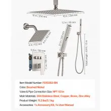 VEVOR Shower Faucet Set, 10 Inch Ceiling Mount Rainfall Shower System with 6 Inch Wall Mount Head and 2 in 1 Handheld Spray, Rotatable 3-Function Dual Rain Head Brass Valve & Trim Kit, Brushed Nickel
