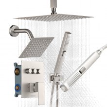 VEVOR Shower Faucet Set, 10 Inch Ceiling Mount Rainfall Shower System with 6 Inch Wall Mount Head and 2 in 1 Handheld Spray, Rotatable 3-Function Dual Rain Head Brass Valve & Trim Kit, Brushed Nickel