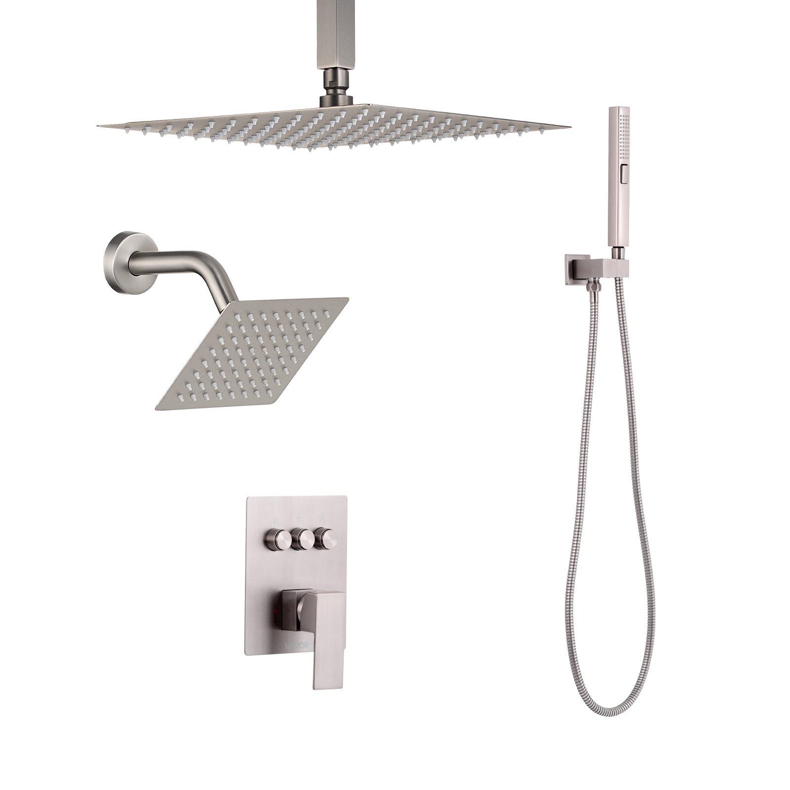 VEVOR Shower Faucet Set, 10 Inch Ceiling Mount Rainfall Shower System with 6 Inch Wall Mount Head and 2 in 1 Handheld Spray, Rotatable 3-Function Dual Rain Head Brass Valve & Trim Kit, Brushed Nickel