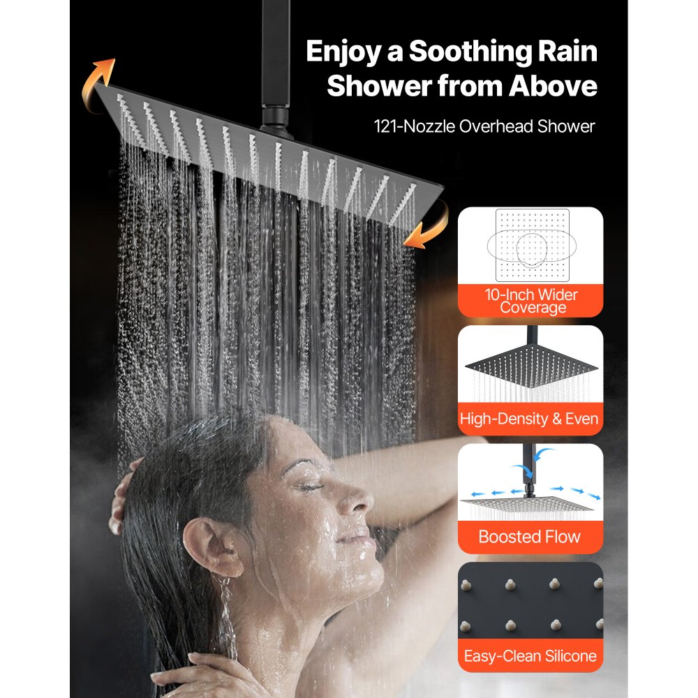 VEVOR Shower Faucet Set, 10 Inch Ceiling Mount Rainfall Shower System with 6 Inch Wall Mount Head and 2 in 1 Handheld Spray, Rotatable 3-Function Dual Rain Head Brass Valve and Trim Kit, Matte Black