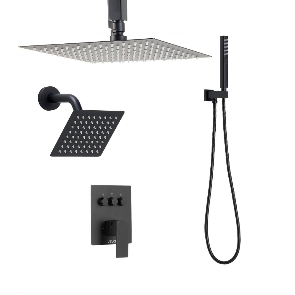 VEVOR Shower Faucet Set, 10 Inch Ceiling Mount Rainfall Shower System with 6 Inch Wall Mount Head and 2 in 1 Handheld Spray, Rotatable 3-Function Dual Rain Head Brass Valve and Trim Kit, Matte Black