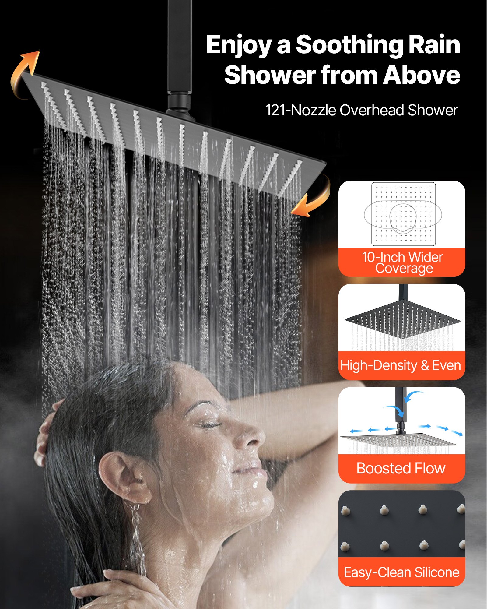 VEVOR Shower Faucet Set, 10 Inch Ceiling Mount Rainfall Shower System with 6 Inch Wall Mount Head and 2 in 1 Handheld Spray, Rotatable 3-Function Dual Rain Head Brass Valve and Trim Kit, Matte Black